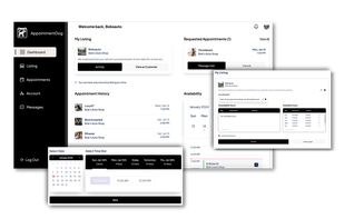 The provider dashboard, as well as a view of the "edit listing" page, and the scheduling view from a customer's perspective