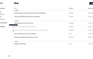 The content overview for the blog. Toggle more columns, group by frontmatter keys and see how locked some content (while they're editing it).