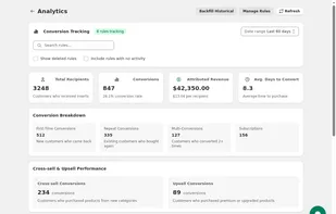 Analytics Dashboard showing Inserts sent, Conversions, and Return on Adspend