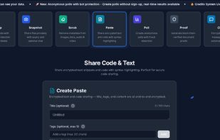 Encrypted pastebin with syntax highlighting. Share code and text securely with end-to-end encryption.