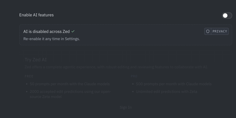 Zed Editor introduces global setting to fully disable all AI features image