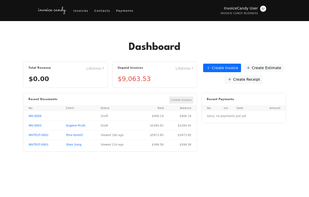 After logging in, users can view their recent invoices, recent payments, and create a new invoice all at once.