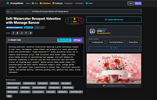 A detailed view of an individual prompt page, featuring the prompt code with one-click copy functionality, detailed user instructions, author badges, and an AI-generated preview of the final result.