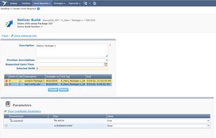 Creating a level request to deliver a build to a Test level. The deployment process can be adjusted if needed by changing parameters available for the Test environment; this enables user-friendly customization without scripting.