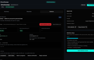 Send or track deletion requests for this service. You choose what gets sent — nothing happens automatically.