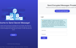 The login screen of SendSecretMessage.com, where users can access or create their anonymous message profile.