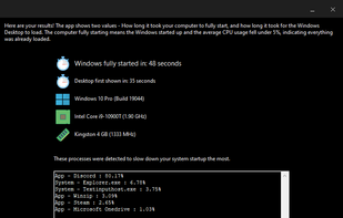 The results after system startup was analyzed. Running on Windows with Dark Mode enabled.