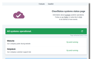 Main status page with scheduled maintenance and language switcher