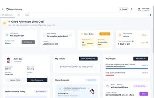 A modern and intuitive HRMS dashboard displaying attendance, leave status, upcoming meetings, goals, and employee activity—all in one view.