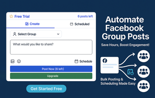 Main dashboard for creating and scheduling Facebook group posts. Choose a group, write your post, and publish or schedule in one place.
