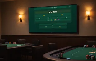 Modern poker blinds timer displayed on a large living room TV during a home poker game.