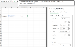 Microsoft Excel using Field ConneXion to write data to a Siemens LOGO! 7
