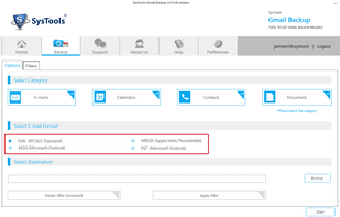 Select email category and email formats to save backed up data