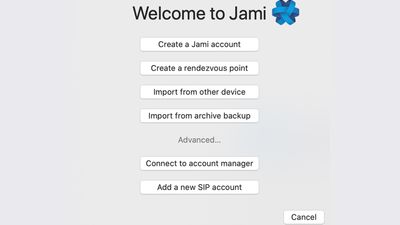 Jami login page. Optional advanced options for SIP. MacOS.
