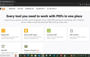 pdf18 all in one tool for pdf and productivity homepage, list of tools select which you want to use.
