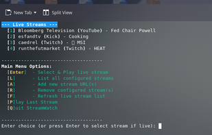 list of streams and main menu