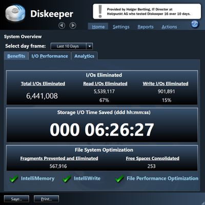 Initial screen for Diskeeper 16, showing Read/Write cache values and Intelliwrite (delayed/cached read/writes) stats.