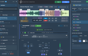 Practice Session main interface: Waveform view with practice regions, speed and pitch controls, and music library. 