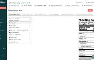 In the Customize Label section, users select their required legal labeling format. The tool supports multiple global standards, including USA (FDA), UK (FSA), Canada (CFIA), EU (DG SANTE), and more, ensuring compliance across different geographical markets.