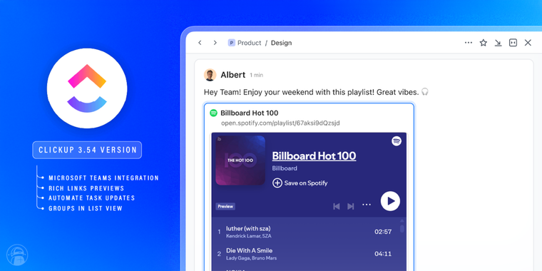 ClickUp 3.54: Microsoft Teams search, rich link previews, and automated task updates image