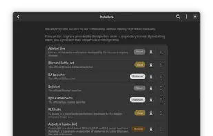 Screenshot of the Installers window, with the listing of multiple Windows programs (such as Battle.net or GOG Galaxy), their ProtonDB rating, and an install button.