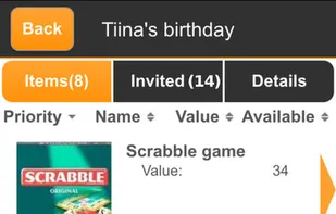 WishSimply mobile app. Wishes (/Items) screen.