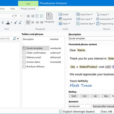 Main program window to organize phrases in a multi-level folder structure