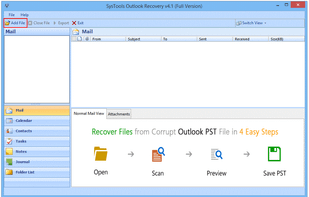 Initial Screen of the Outlook recovery tool.
Start adding PST files to be recovered by clicking on  the “Add File” function to browse PST file location.
