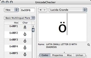 UnicodeChecker Main Window displaying basic information about characters