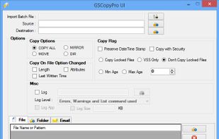 GSCopyPro also offers a full UI so that you do not have to script or type complex commands, you simple select source, destination and check boxes for things you want done (copy open files, copy NTFS security, email address to send to..etc), once done, you can then save it as a batch file to run later or click on run now and the job would be executed on the spot. Very clean and simple.