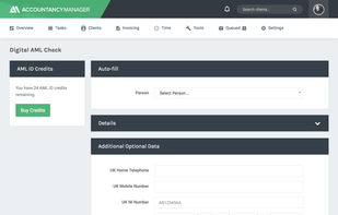 Peform digital AML ID checks from within AccountancyManager. A simple, fully compliant, transparent and quick anti-money laundering check system.