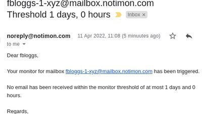 Email from notimon alerting a user that an email has not arrived to their notimon monitoring mailbox within the configured threshold