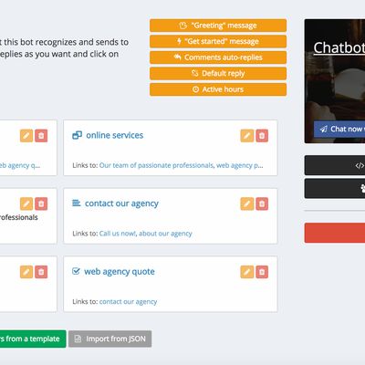 Main dashboard for a chatbot
