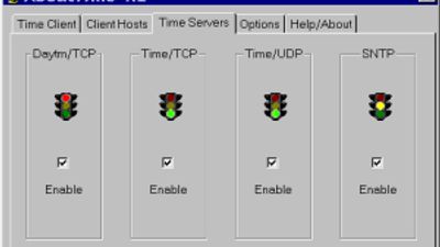 Here is AboutTime's own four-server "traffic" display. It shows that one of the server protocols is unavailable (red), and another is responding to a request (yellow).