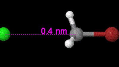 An SN2 reaction animation with the distance measured between the chlorine and carbon atoms 