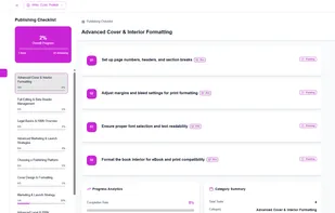 A guided publishing checklist that walks authors through every step of the publishing process, including formatting, beta reader management, ISBN setup, and marketing preparation.