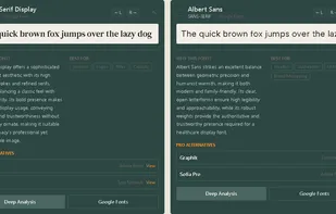 Font analysis results with AI-powered alternative suggestions showing match scores and use-case recommendations.