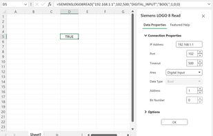 Microsoft Excel using Field ConneXion to read live data from a Siemens LOGO! 8