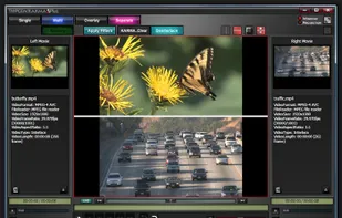 In multiview mode, you can compare two videos in a variety of ways. This is the separator mode (vertical) where one video is shown stacked on top of the other. The slider lets you increase or decrease one video over the other.