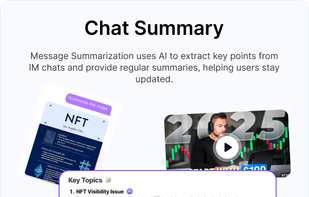 Message Summarization uses AI to extract key points from IM chats and provide regular summaries, helping users stay updated.