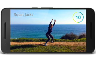 Workout video with voice guidance, drill timer, tips on good form, breathing and exercise variations.
