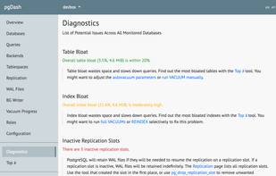 pgDash Diagnostics examines your PostgreSQL server and databases scanning for potential issues that can impact the health and performance of your deployment.
