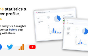 Real-time statistics & influencer profile analytics. Get audience analytics & insights for each influencer before you start working with them. Facebook, Twitter, Instagram, YouTube, Google Analytics are supported.