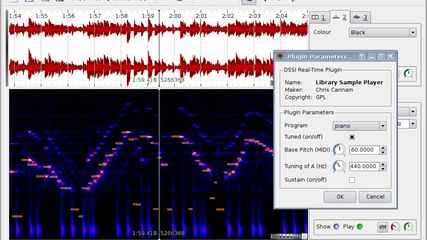 Sonic Visualiser 1.0 showing a waveform pane and a melodic range spectrogram pane.