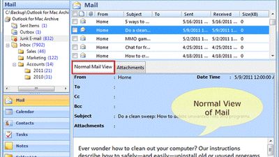 Preview the Mailbox data in the constituting OLM file , with Normal and Attachment Views.