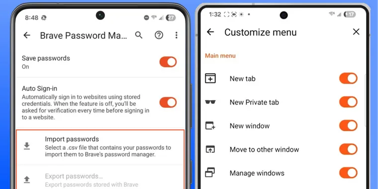 Brave for Android introduces CSV password import and menu customization image
