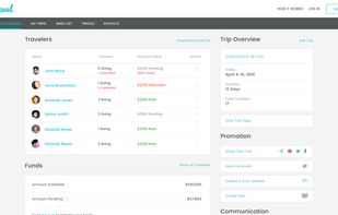 WeTravel's dashboard where travel professionals manage all financials, communications and get powerful tools to promote their trips.