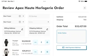 Easy Order submission allows you to quickly set Term, PO's, Assign Sales Reps and add Payment Options.