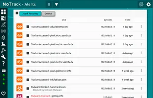 NoTrack Analytics
NoTrack analytics will monitor your traffic and provide an Alert when any of your devices attempt to access known malware sites, as well as for sites suspected of being related to tracking, but have not yet been blocked.
You have the option of Investigating the traffic further, Whitelisting, or Blacklisting the site. Once completed you can Resolve or Delete the alert.
Analytics runs on your system locally. None of your data is ever transmitted. This feature will be expanded further in future versions of NoTrack.