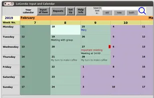 Screenshot of calendar representation. The number of rows per day and the width of the cell per day is adjustable 